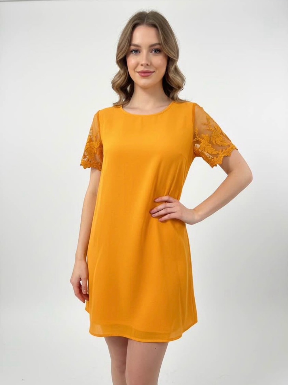 Women's Mustard Lace Sleeve Shift Dress